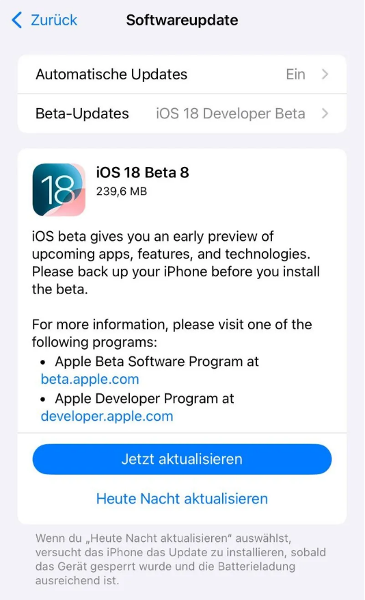 肃州苹果手机维修分享苹果 iOS / iPadOS 18 开发者预览版 Beta 8 发布 